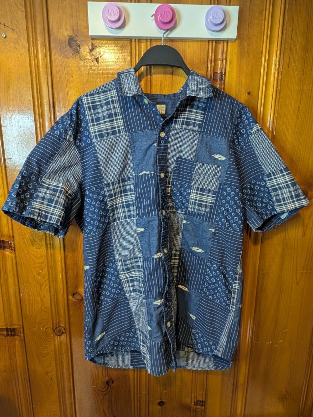 GAP Patchwork Indigo Button Down Shirt Blue Short Sleeve Size M Boho Cottagecore